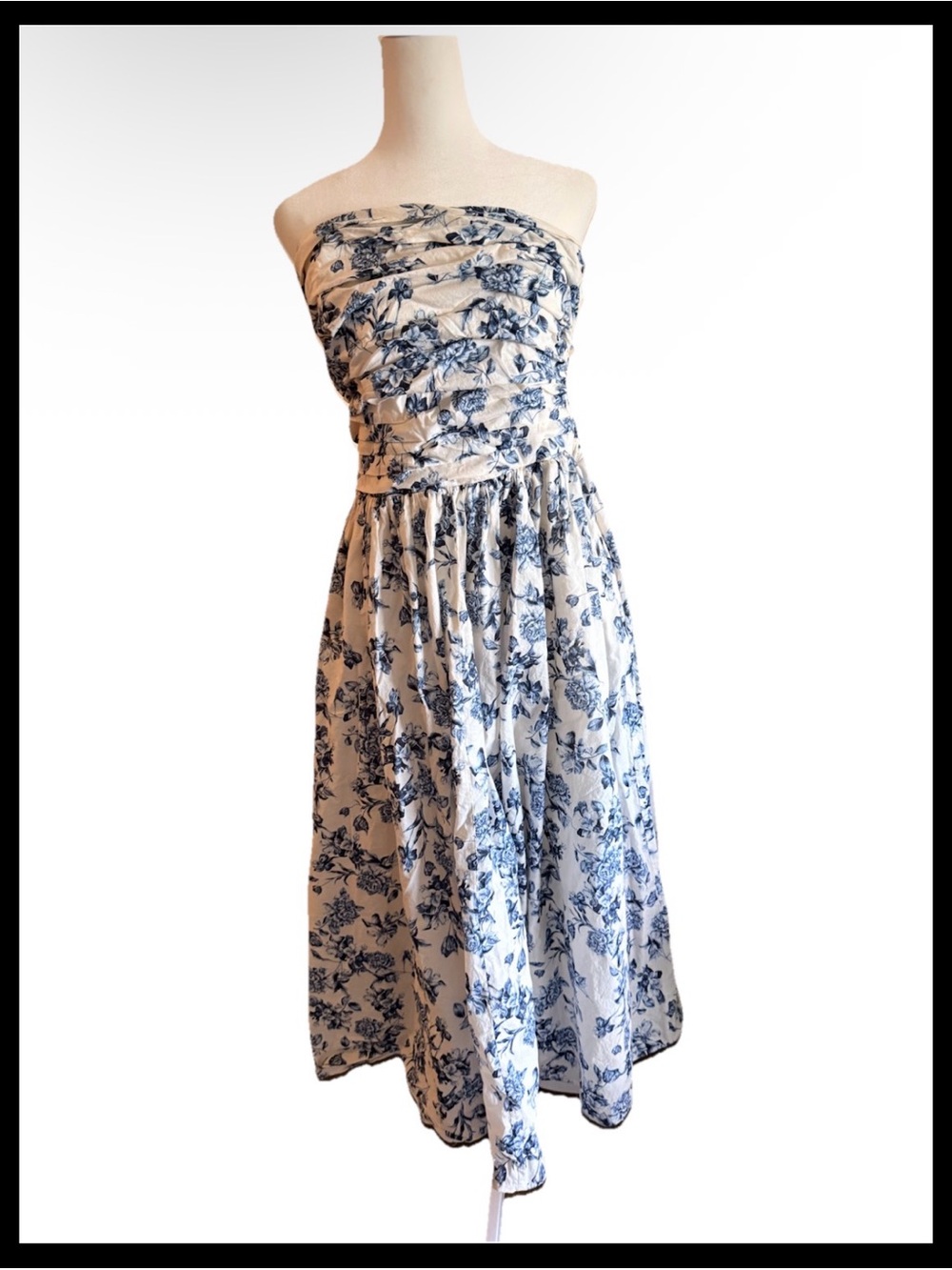 Strapless bandeau Blue Floral Midi dress costal cottage core sz M lined H&M
